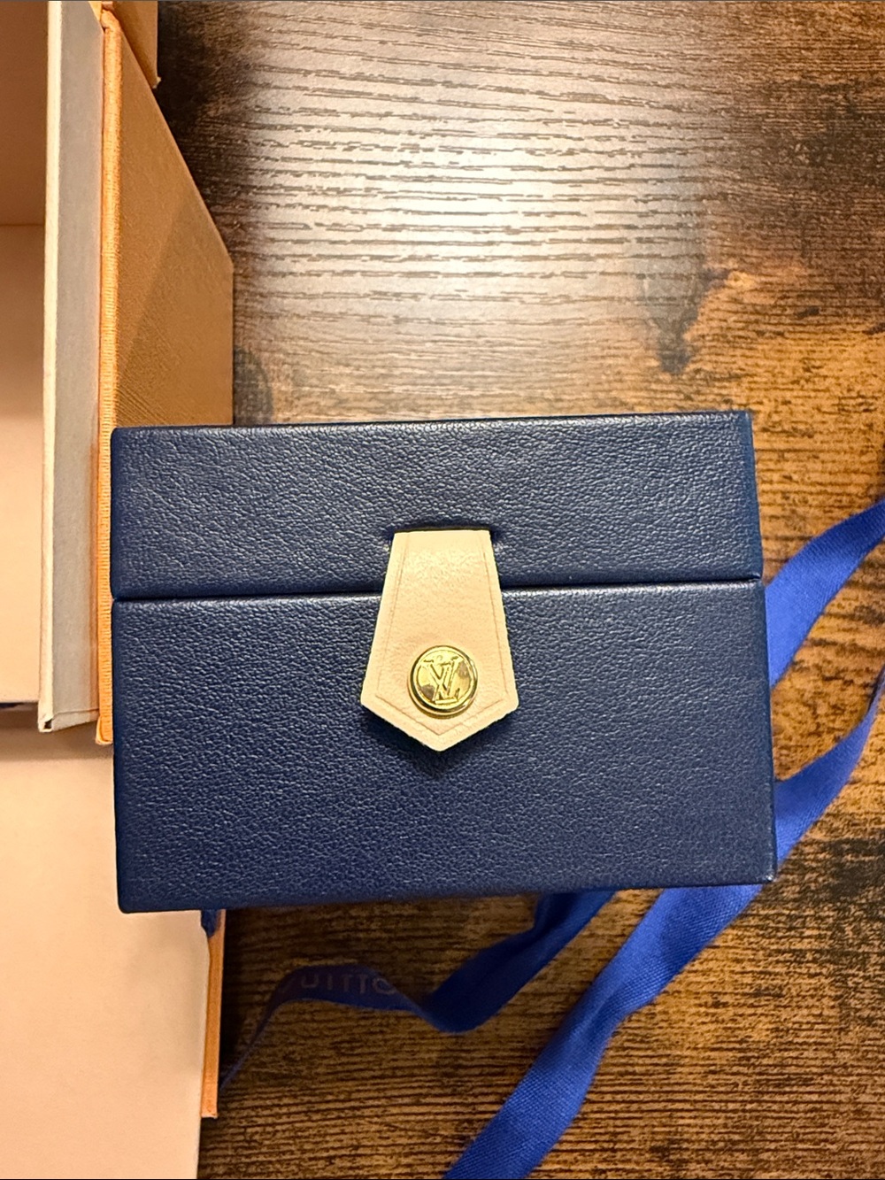 Louis Vuitton Navy Leather Jewelry Box with Orange Presentation Box & Ribbon - Picture 3 of 6